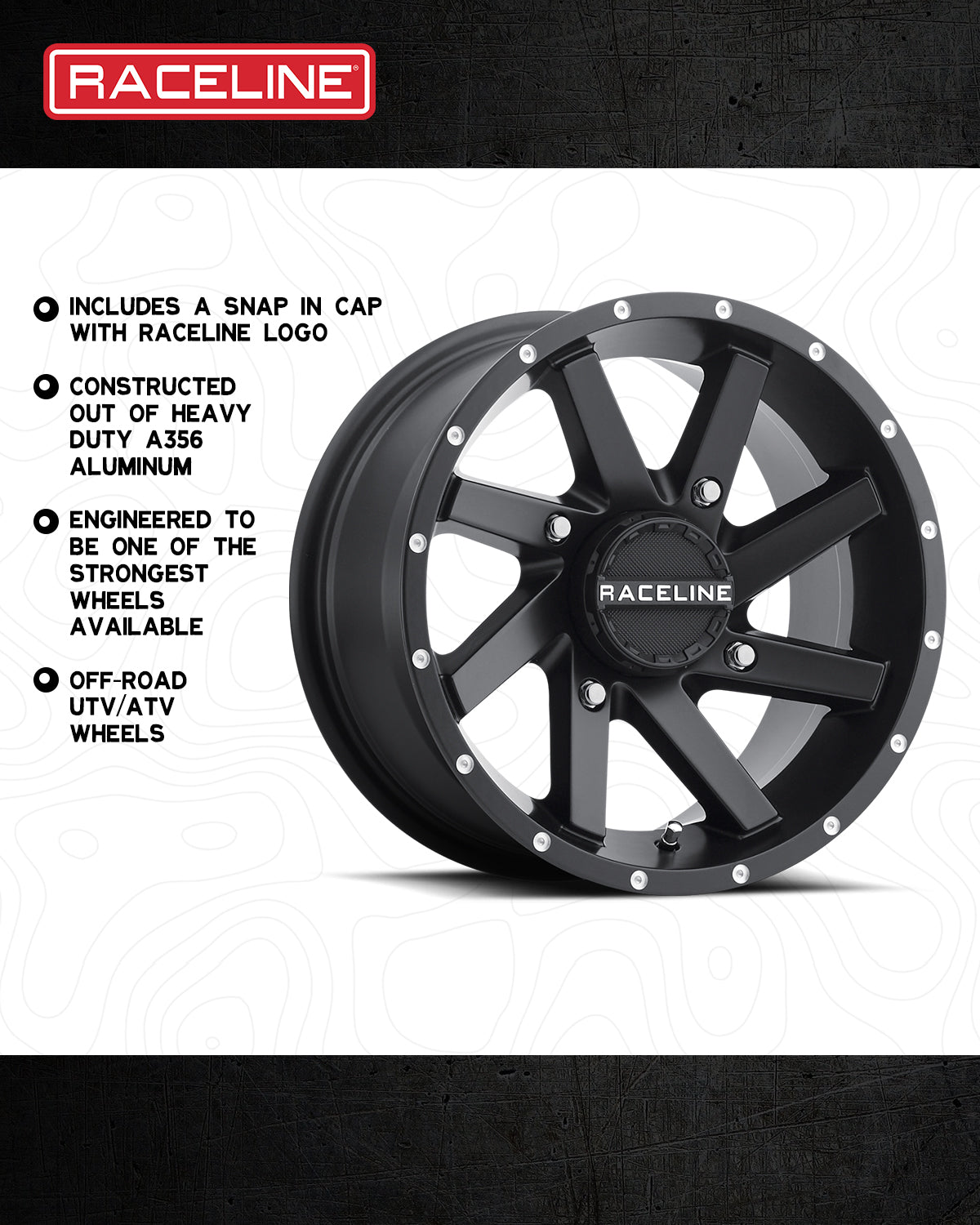 A82B Twist off-road wheel featuring a black finish, heavy-duty aluminum construction, and Raceline logo cap.