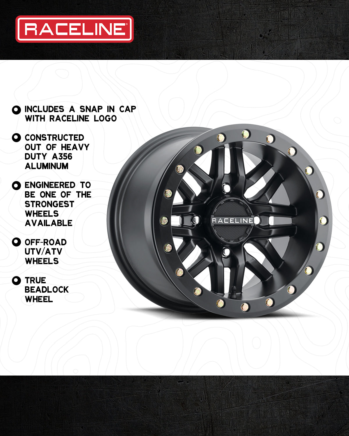 A91B Ryno Beadlock wheel featuring a black finish, heavy-duty aluminum construction, and snap-in cap with Raceline logo.