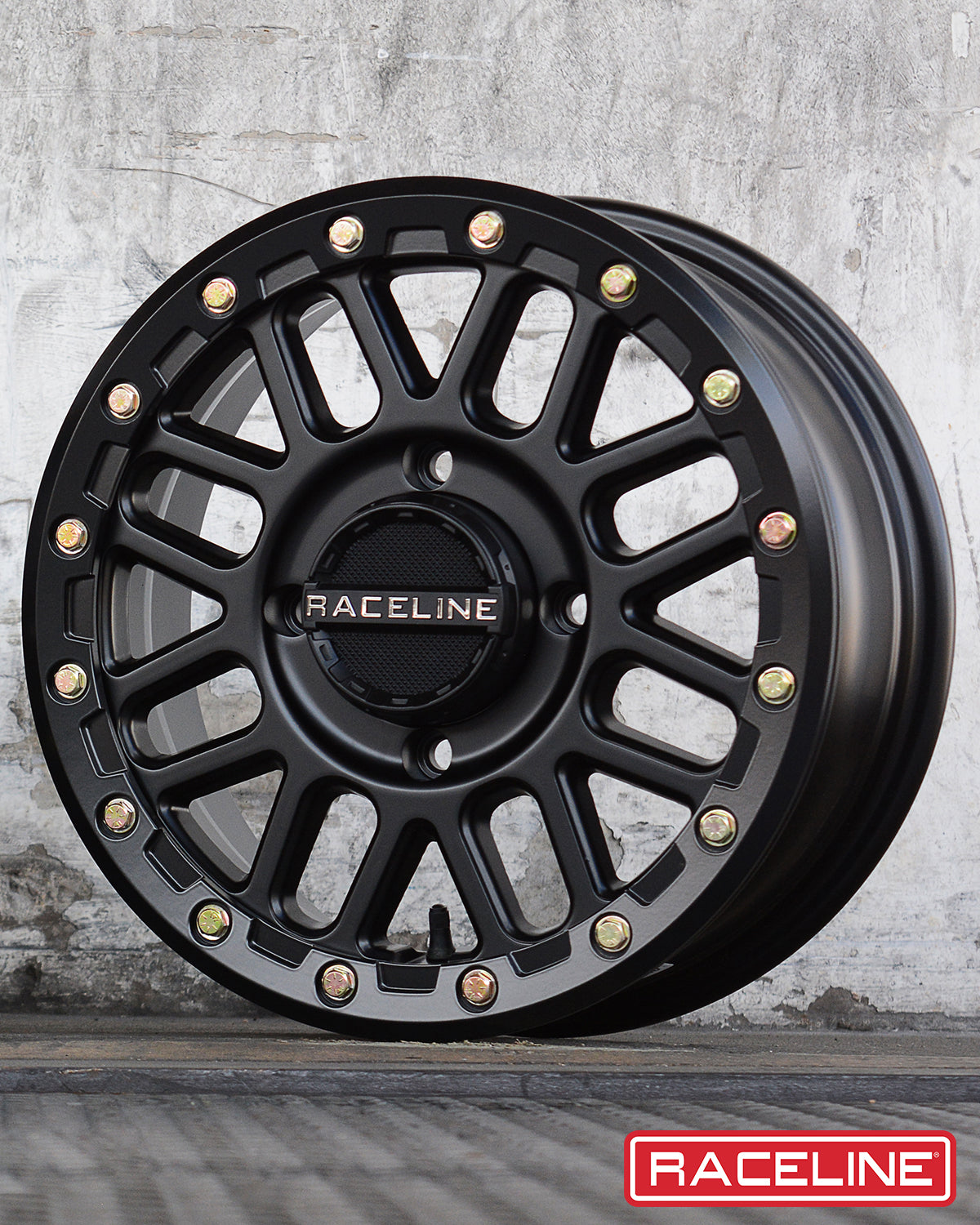 A93B Podium Beadlock wheel featuring a sleek black finish and distinctive design, ideal for offroad vehicles.