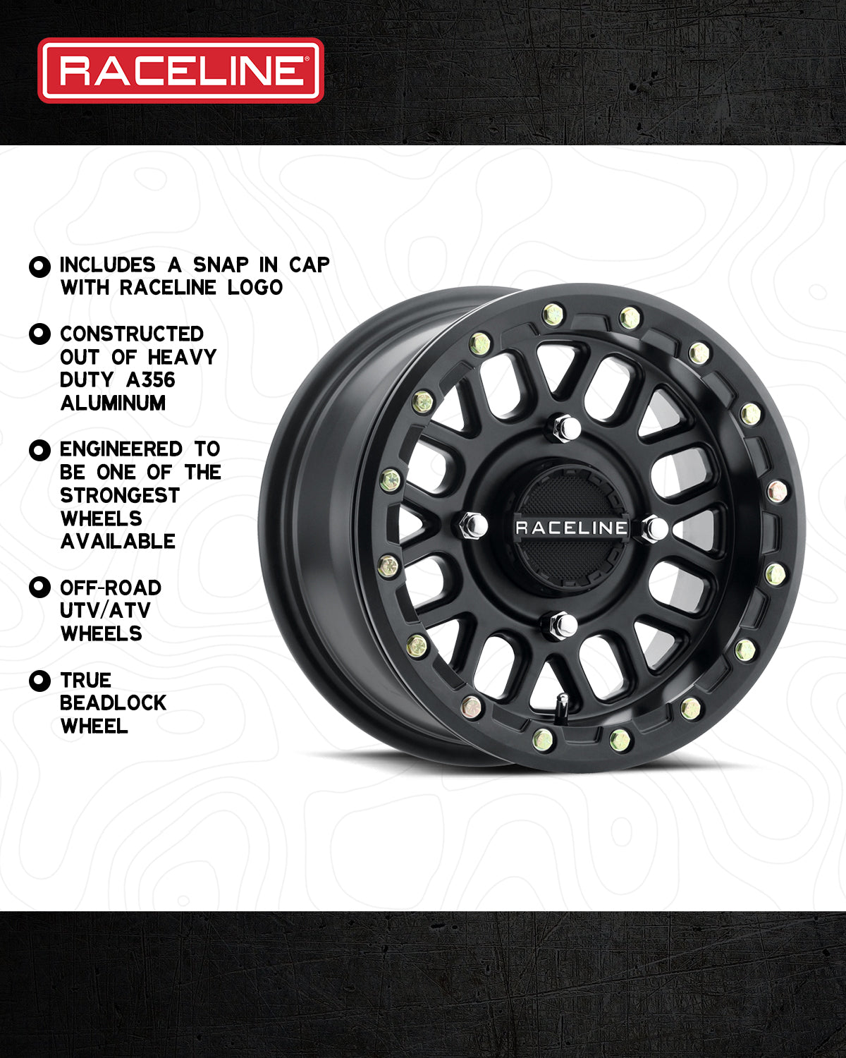 A93B Podium Beadlock wheel by Raceline, made from heavy-duty A356 aluminum, designed for off-road UTV/ATV use.