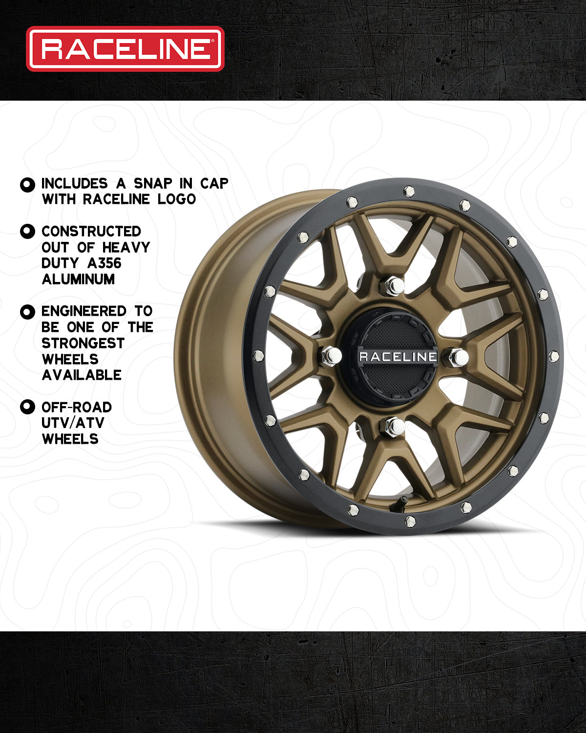 A94BZ Krank Simulated Beadlock wheel in bronze, featuring heavy-duty aluminum construction and a Raceline logo cap.