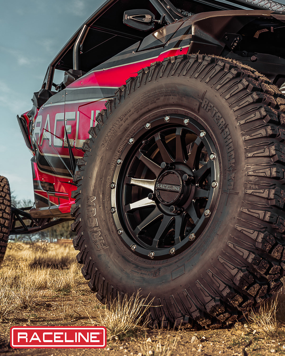 A95B Trophy Simulated Beadlock wheel mounted on an off-road vehicle, showcasing rugged tire tread and sleek design.