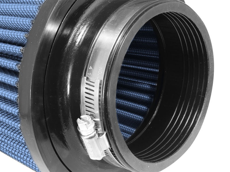 aFe MagnumFLOW Air Filter featuring a blue pleated design and a black rubber base for optimal airflow and performance.