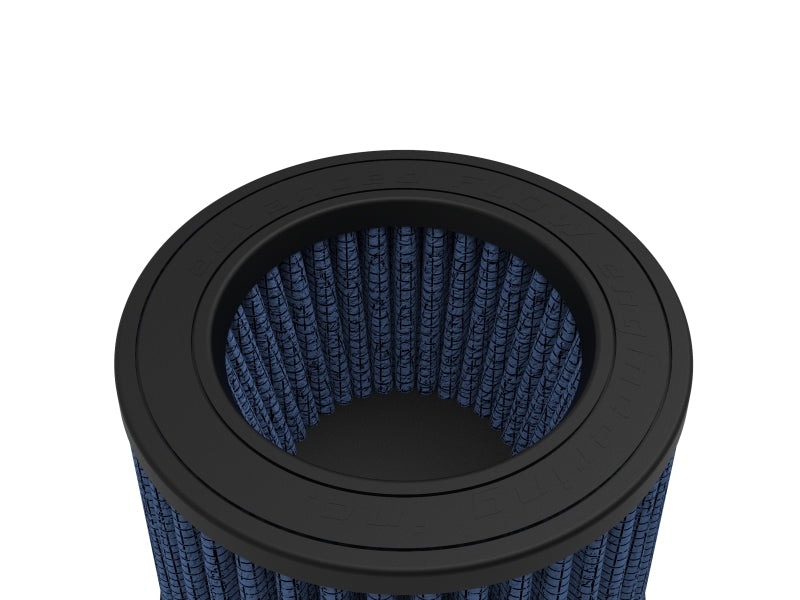 aFe MagnumFLOW Air Filter featuring a cylindrical design with a blue filtration media and a black rubber base for optimal airflow.