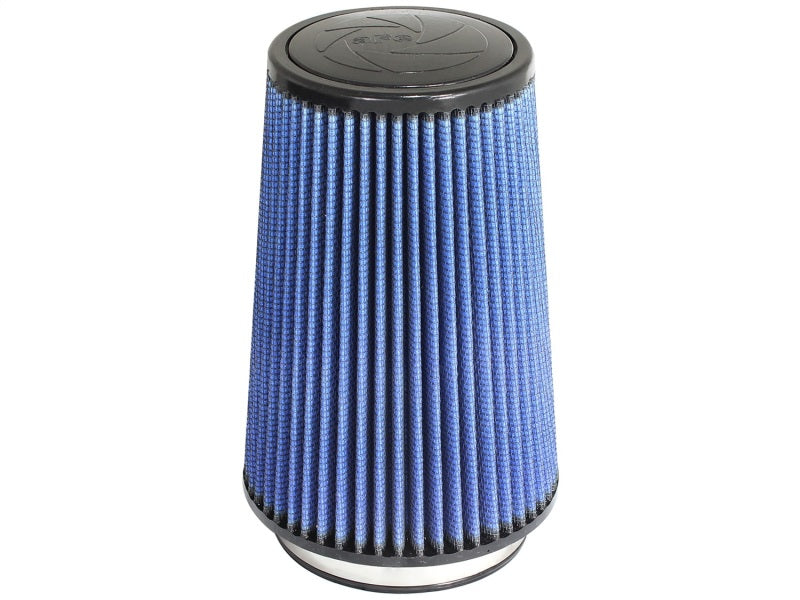 aFe MagnumFLOW Air Filter with a blue pleated design, measuring 4-1/2 inches in diameter and 9 inches tall, ideal for improved airflow.