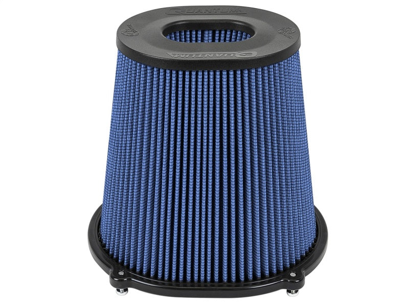 aFe Quantum Pro-5 R air filter with inverted top, 5-inch flange and 9-inch height, featuring a blue oiled design for enhanced airflow.