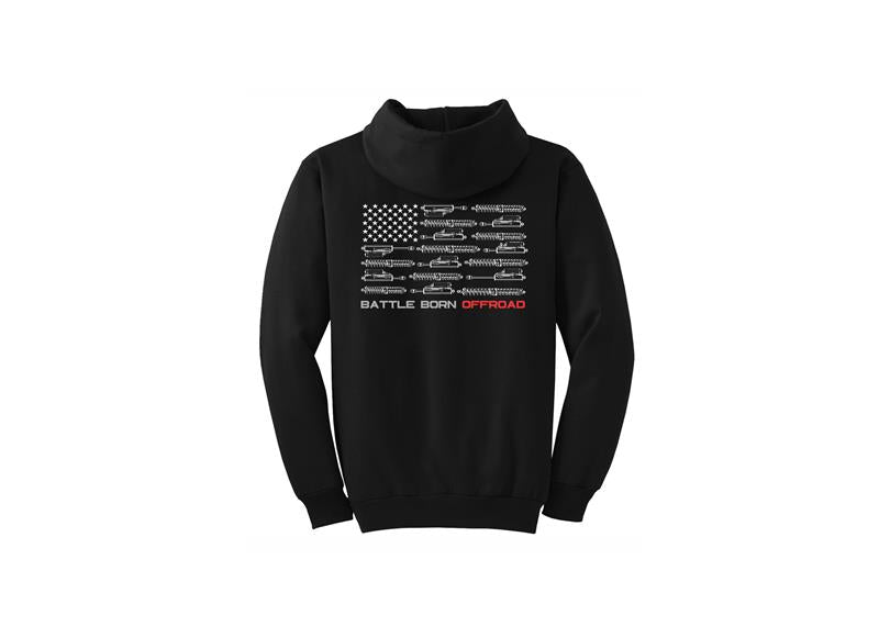 Black hooded sweatshirt featuring a graphic of an American flag with offroad vehicle silhouettes and "Battle Born Offroad" text.