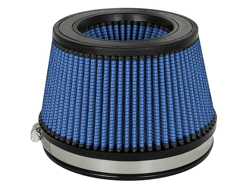 aFe MagnumFLOW Pro 5R universal air filter with blue mesh design, measuring 6 inches front, 7 inches back, and 3.85 inches high.