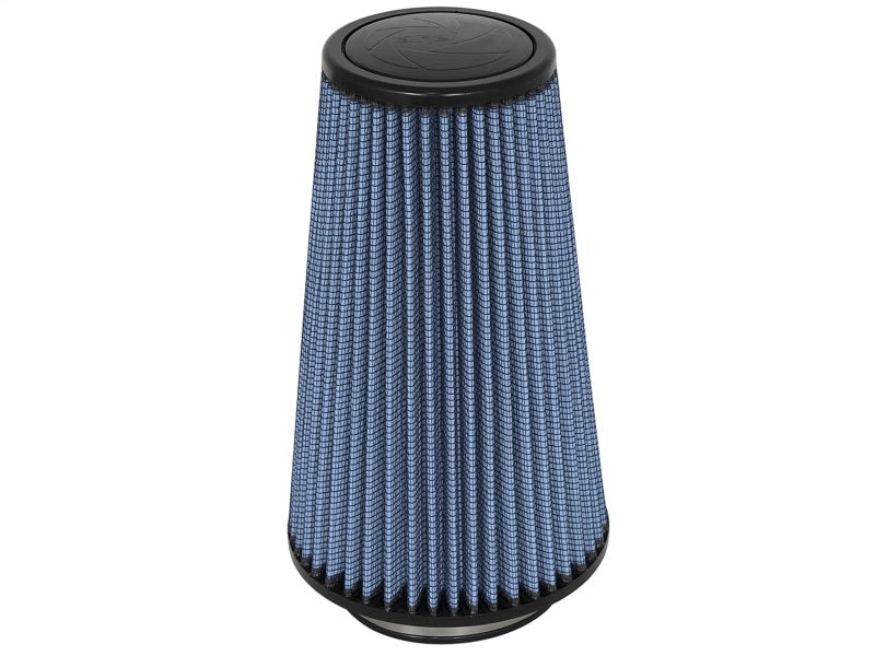 aFe MagnumFLOW Air Filter with a conical design, featuring a blue filter media for improved airflow and performance.