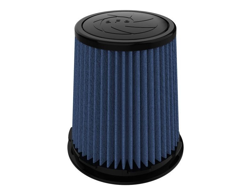aFe MagnumFLOW Pro-5 R air filter with inverted design, featuring a blue filter media and black base for enhanced airflow.