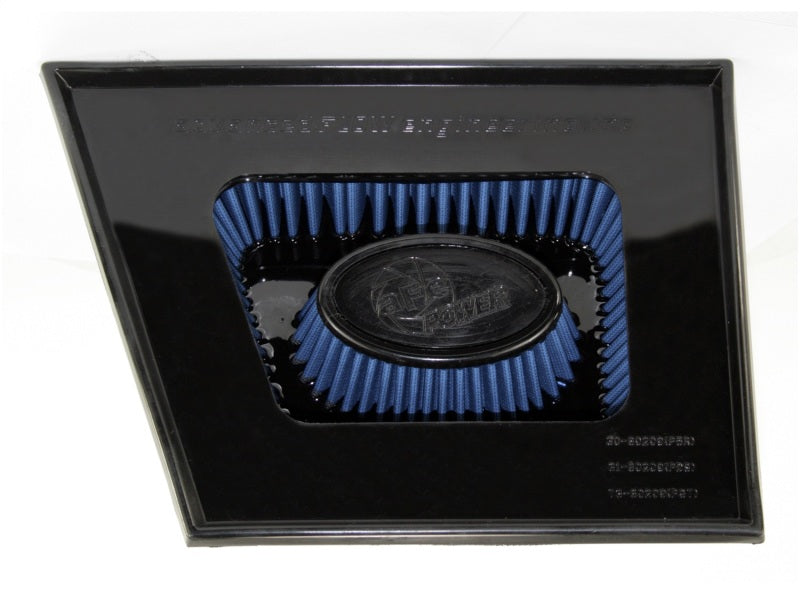 aFe MagnumFLOW Air Filter designed for 2011-2012 GM Diesel Trucks with V8-6.6L engine, featuring a blue filter element.