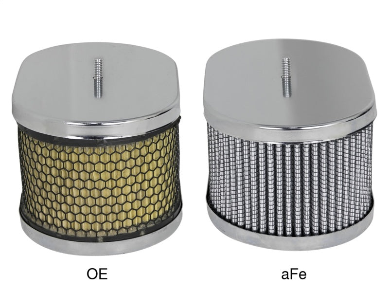 aFe Magnum FLOW Round Racing Air Filter comparison showing aFe filter on the right with a chrome finish and mesh design.