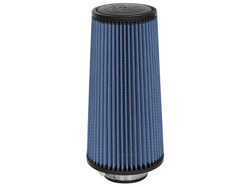 aFe MagnumFLOW Air Filter with a conical design, featuring a blue filter element and a metal base for enhanced airflow.