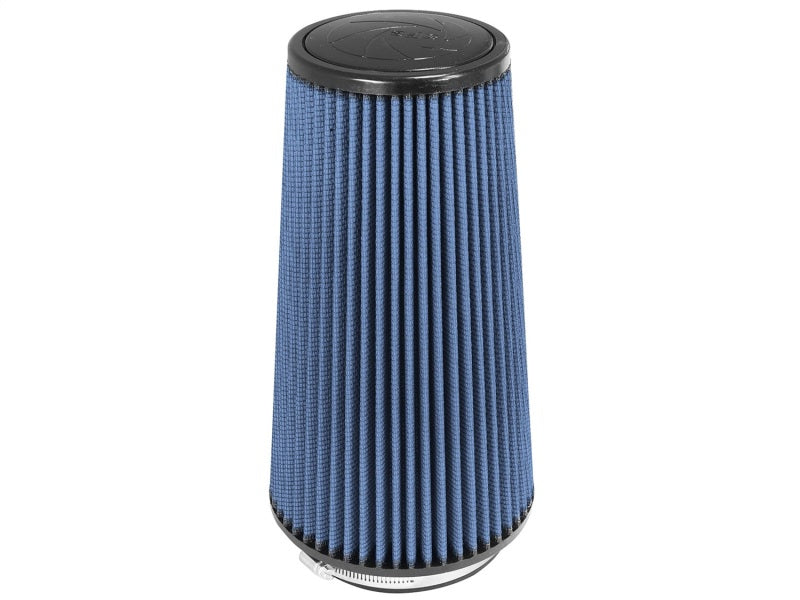 aFe MagnumFLOW Air Filter with a conical design, featuring a blue pleated filter media for enhanced airflow and filtration.