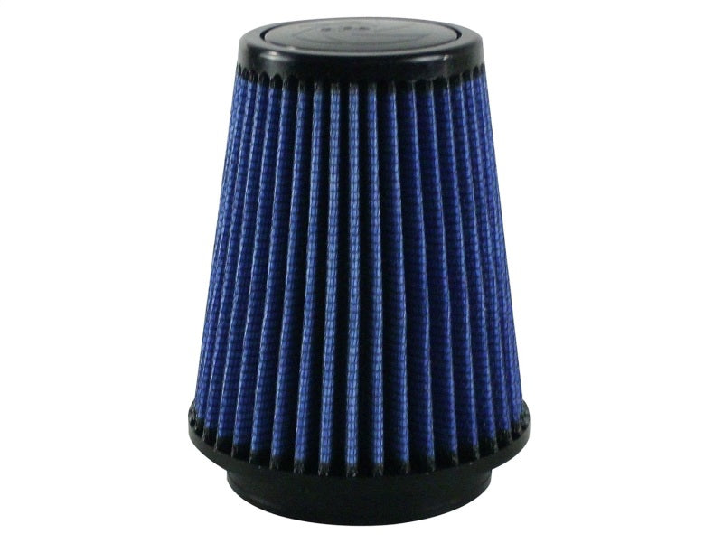 aFe MagnumFLOW Air Filter with a blue pleated design, measuring 3-5/16 inches in diameter and 6 inches high, ideal for performance upgrades.