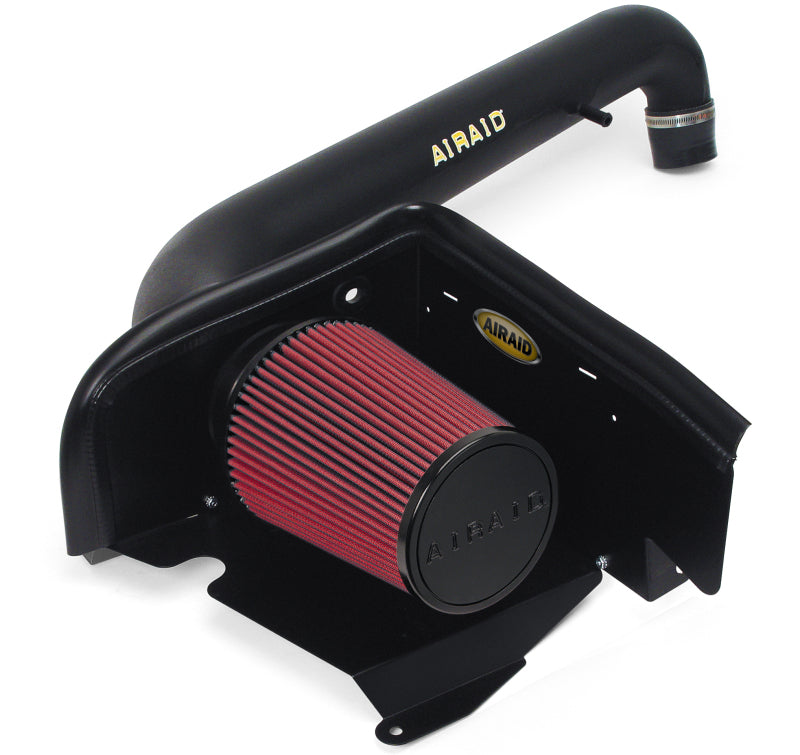 Airaid intake system for 97-06 Jeep Wrangler TJ 4.0L featuring a dry red filter and black tube for enhanced performance.