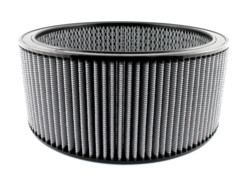 aFe MagnumFLOW round racing air filter with a 14-inch outer diameter, 12-inch inner diameter, and 6-inch height for improved airflow.