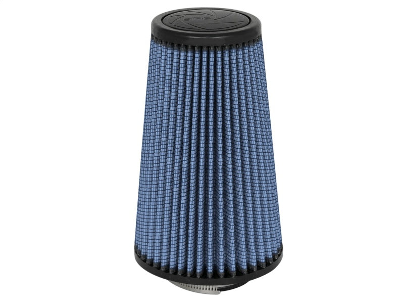 aFe MagnumFLOW Air Filter with a blue pleated design, measuring 2.5 inches in diameter and 8 inches tall, for enhanced airflow.
