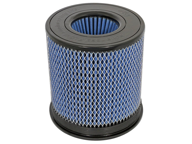 aFe Momentum Pro 5R replacement intake air filter with a cylindrical design, featuring a blue filter media and black base.