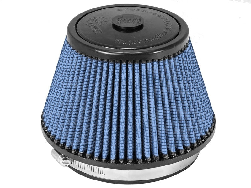 aFe MagnumFLOW Air Filter with a blue pleated design, measuring 5.5 inches in diameter and 4.5 inches high, featuring one hole for installation.