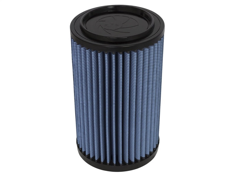 aFe MagnumFLOW Air Filter for GM Trucks 96-00 V6 V8, featuring a cylindrical design with blue pleated filter media.