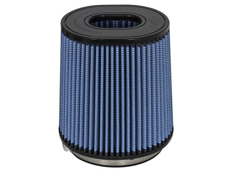 aFe MagnumFLOW Air Filter featuring a cylindrical design with blue pleated media and a sturdy base for enhanced airflow.