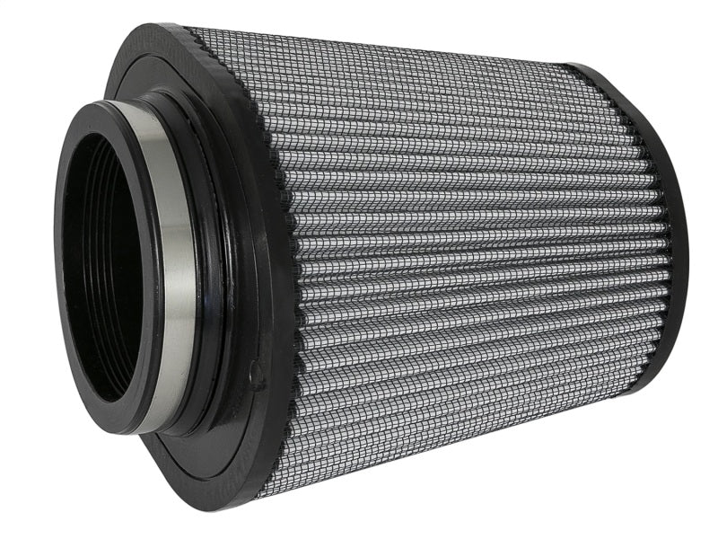 aFe Magnum FLOW Pro DRY S Universal Air Filter with dimensions 4.5in front, 9inx7.5in back, and 9in height, designed for optimal airflow.