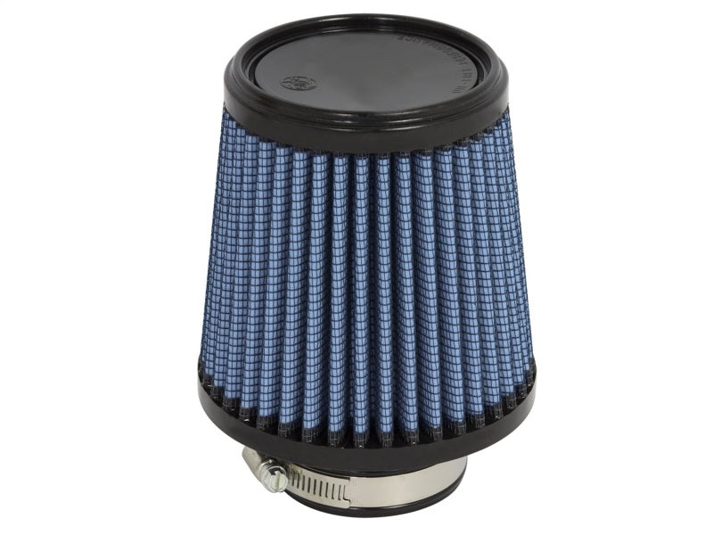 aFe MagnumFLOW Air Filter with a conical design, featuring a blue pleated filter element and a metal base for enhanced airflow.