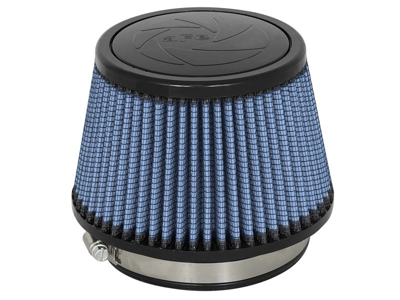 aFe MagnumFLOW Air Filter with a conical design, featuring a blue mesh filter element and a sturdy base for enhanced airflow.