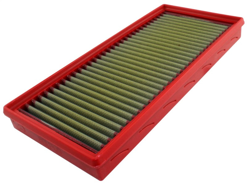 aFe MagnumFLOW Air Filter for Jeep Wrangler 97-02 L4 and 97-06 L6, featuring a red frame and green filter media for enhanced airflow.