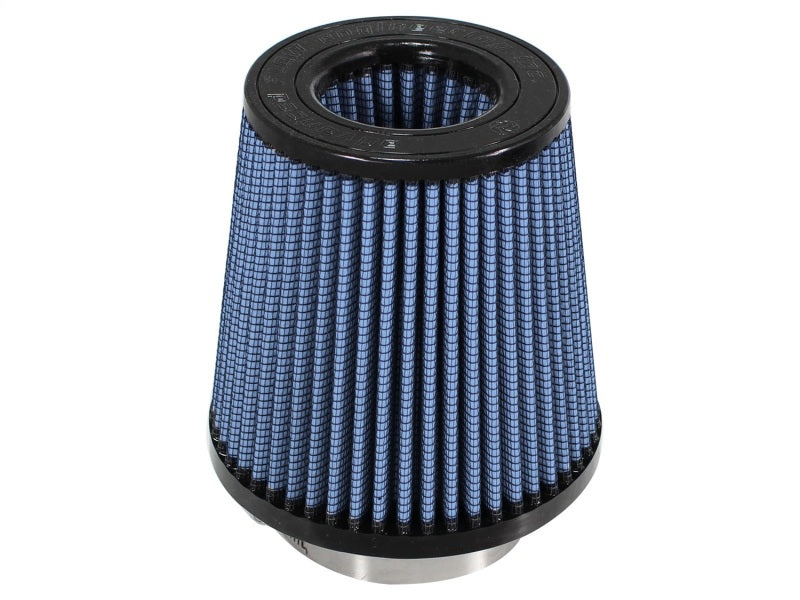 aFe MagnumFLOW Air Filter featuring a conical design with a blue mesh exterior, optimized for improved airflow and performance.