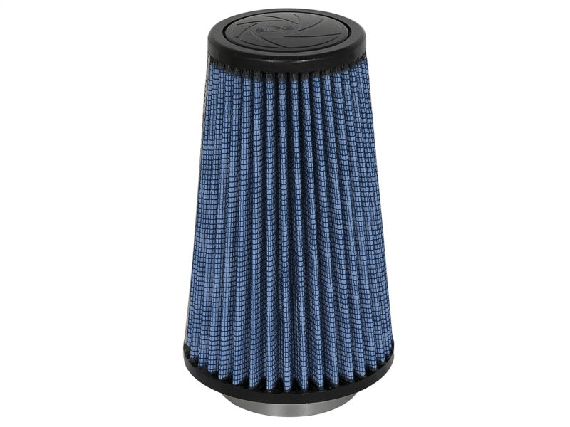 aFe MagnumFLOW Air Filter with a conical design, featuring a blue mesh material and a metal base for enhanced airflow.