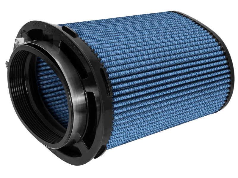 aFe Momentum Pro 5R universal air filter with a blue mesh design, featuring an inverted top and various dimensions for optimal performance.