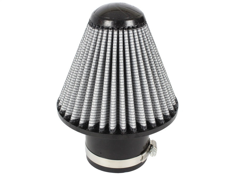 aFe MagnumFLOW Air Filter with a conical design, featuring a black mesh exterior and a metal clamp for secure installation.