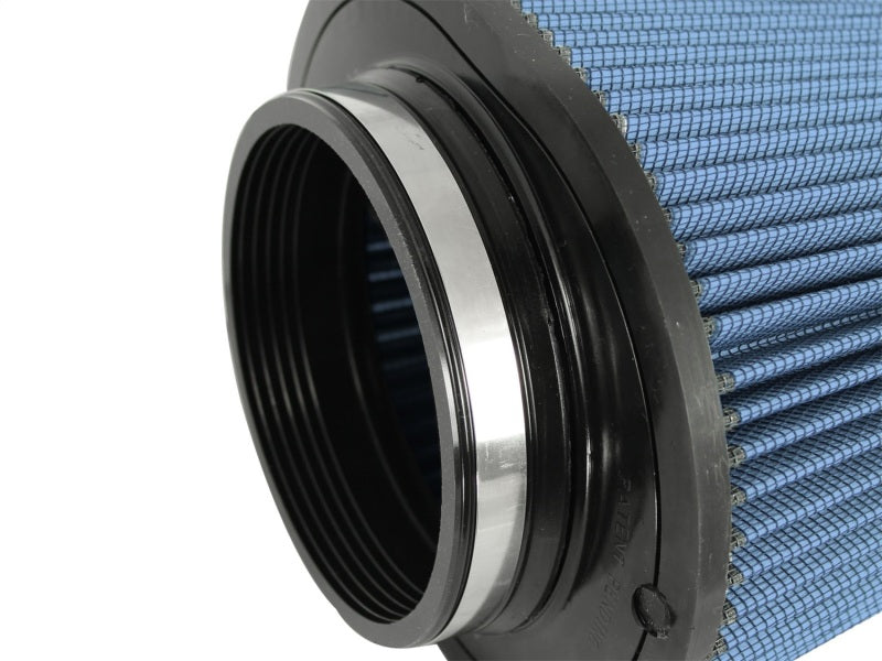 aFe MagnumFLOW Air Filter featuring a blue pleated design and a durable rubber base for optimal airflow and filtration.