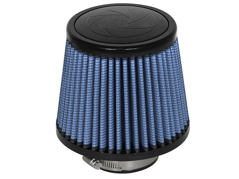 aFe MagnumFLOW Air Filter with a conical design, featuring a blue filter media and a black top, ideal for performance upgrades.