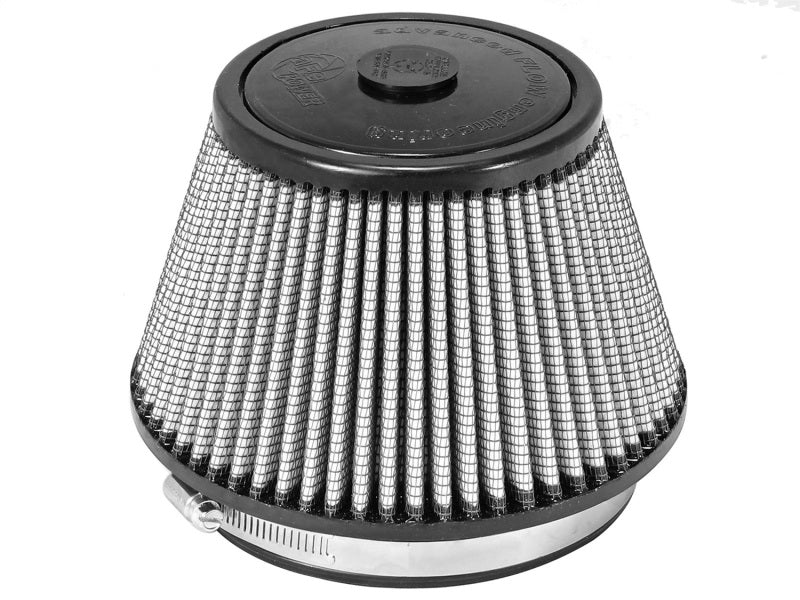 aFe MagnumFLOW air filter featuring a conical design with a metal mesh exterior and a rubber base for secure installation.