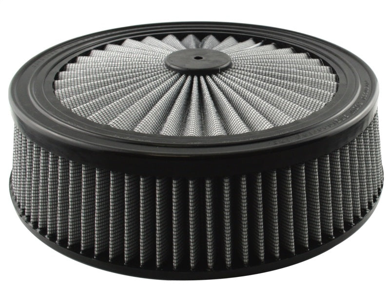 aFe MagnumFLOW Round Racing Air Filter designed for high performance, measuring 14 inches in diameter and 4 inches high.
