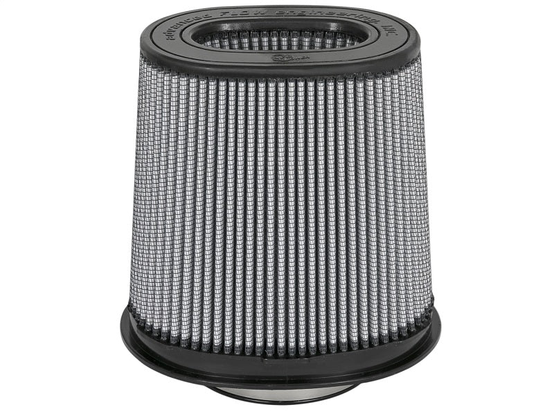 aFe MagnumFLOW Air Filter with a cylindrical design and pleated filtration media, measuring 5 inches in diameter and 8 inches in height.