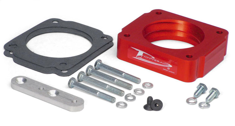 Airaid PowerAid throttle body spacer for 98-04 Ford Mustang GT 4.6L SOHC, includes gaskets and installation hardware.
