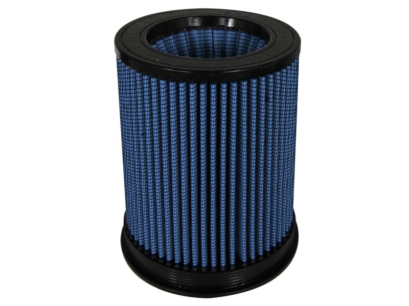 aFe MagnumFLOW Air Filter with a cylindrical design, featuring a blue pleated filter media and a black rubber base.