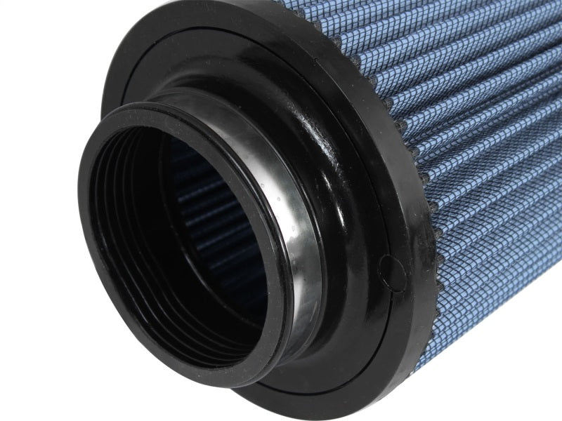 aFe MagnumFLOW Air Filter featuring a blue pleated design with a black rubber base, ideal for enhanced engine performance.