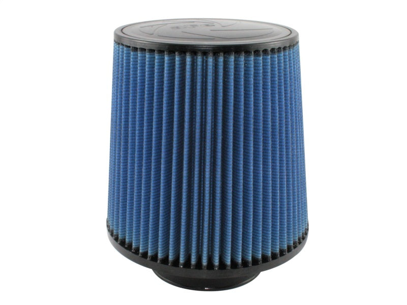aFe MagnumFLOW Air Filter with blue pleated design, measuring 4.5 inches at the top and 9 inches tall, enhances airflow for performance.