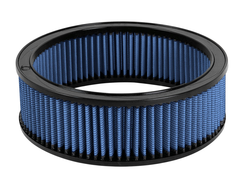 aFe MagnumFLOW round racing air filter with blue pleated design, measuring 11 inches OD, 9.25 inches ID, and 3.5 inches high.
