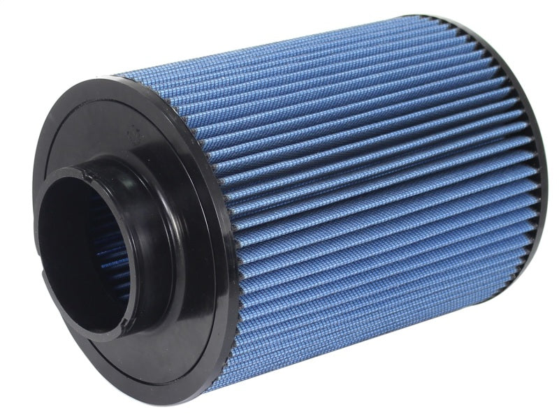 aFe MagnumFLOW Air Filter featuring a cylindrical design with a blue filter media and black end caps, measuring 4 inches in diameter and 11 inches in height.