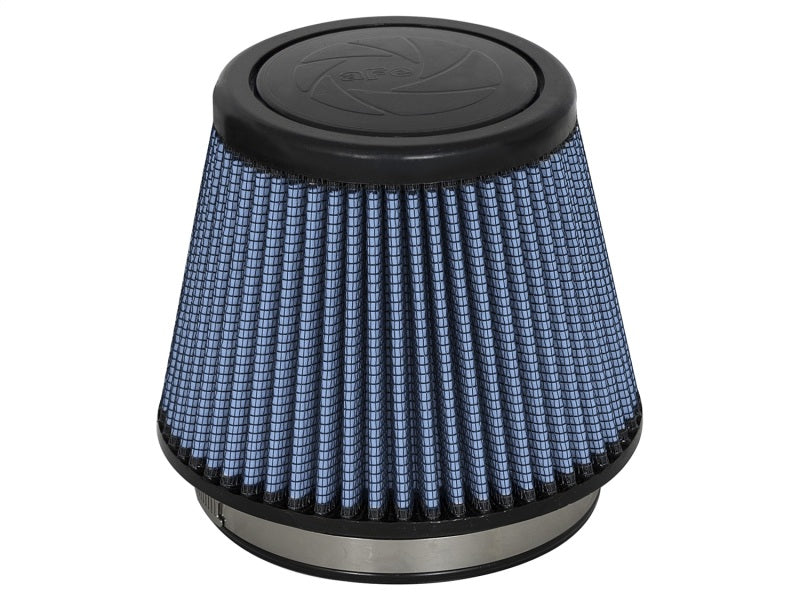 aFe MagnumFLOW Air Filter with a conical design, featuring a blue pleated filter media and a metal base for enhanced airflow.