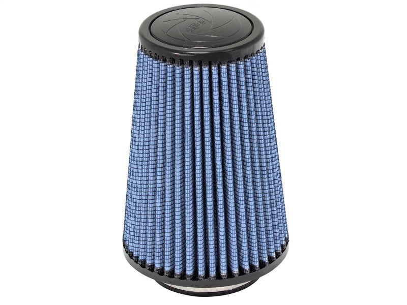 aFe MagnumFLOW Air Filter with a conical design, featuring blue pleated media for enhanced airflow and filtration.