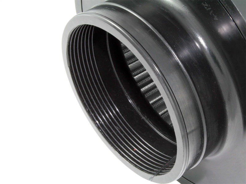 aFe MagnumFLOW Air Filter featuring a black housing and pleated filter element, designed for optimal airflow and engine performance.