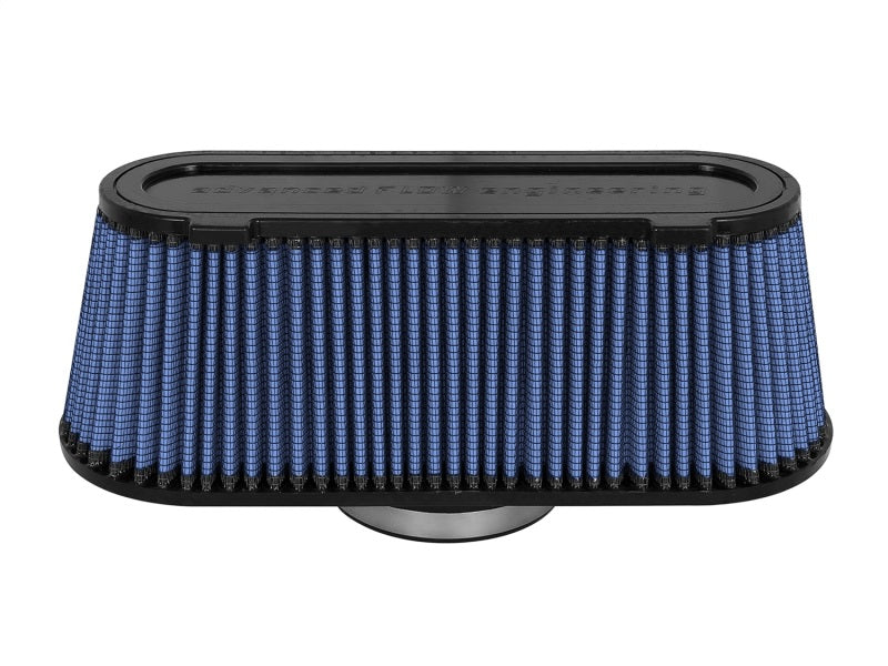 aFe MagnumFLOW Air Filter with a blue pleated design, optimized for improved airflow and engine performance.
