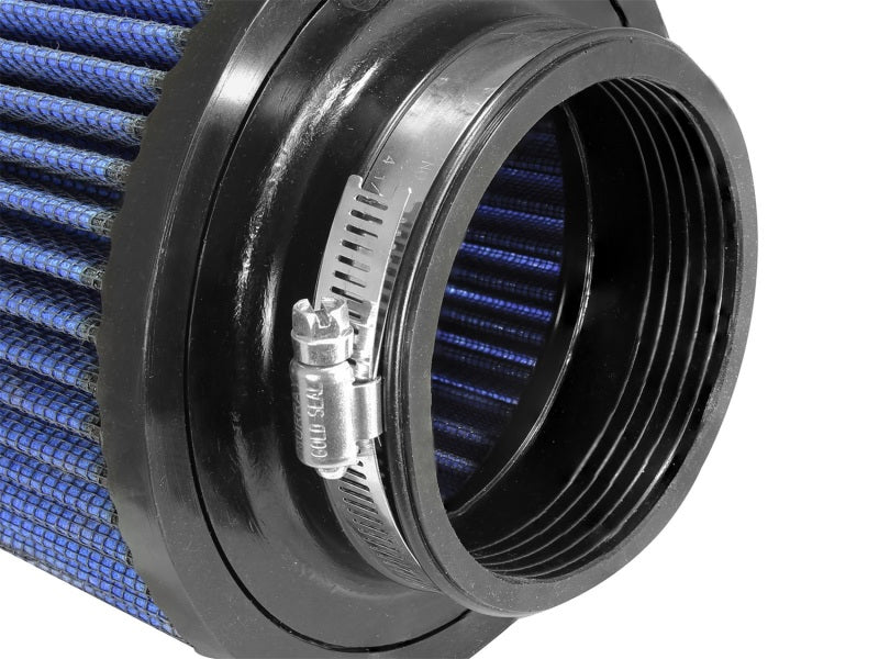aFe MagnumFLOW Air Filter featuring a blue pleated design and a black rubber base for enhanced airflow and performance.